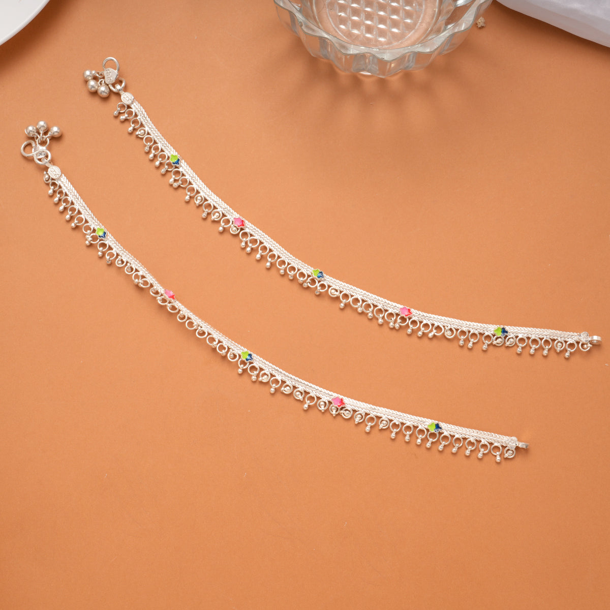 Colorful Enamel Round Drops Silver Anklet