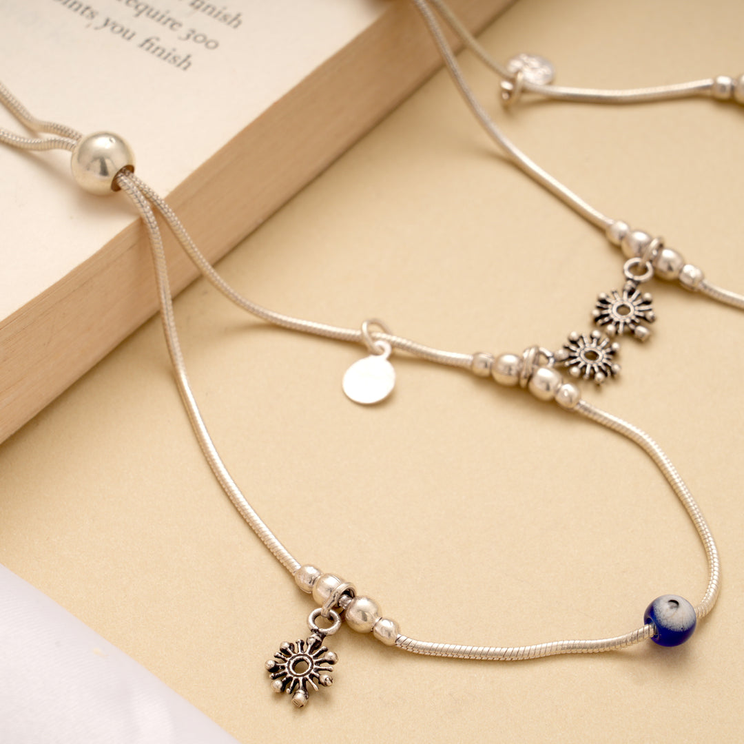 Evil Eye with Sunburst Drops Adjustable Silver Anklet