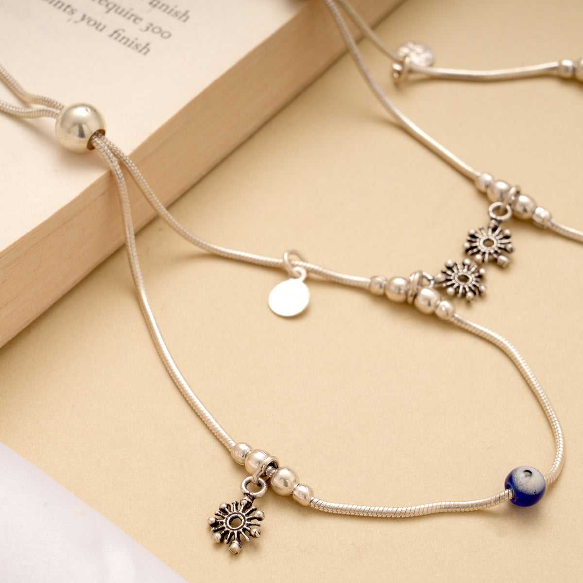 Evil Eye with Sunburst Drops Adjustable Silver Anklet