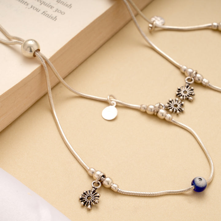Evil Eye with Sunburst Drops Adjustable Silver Anklet
