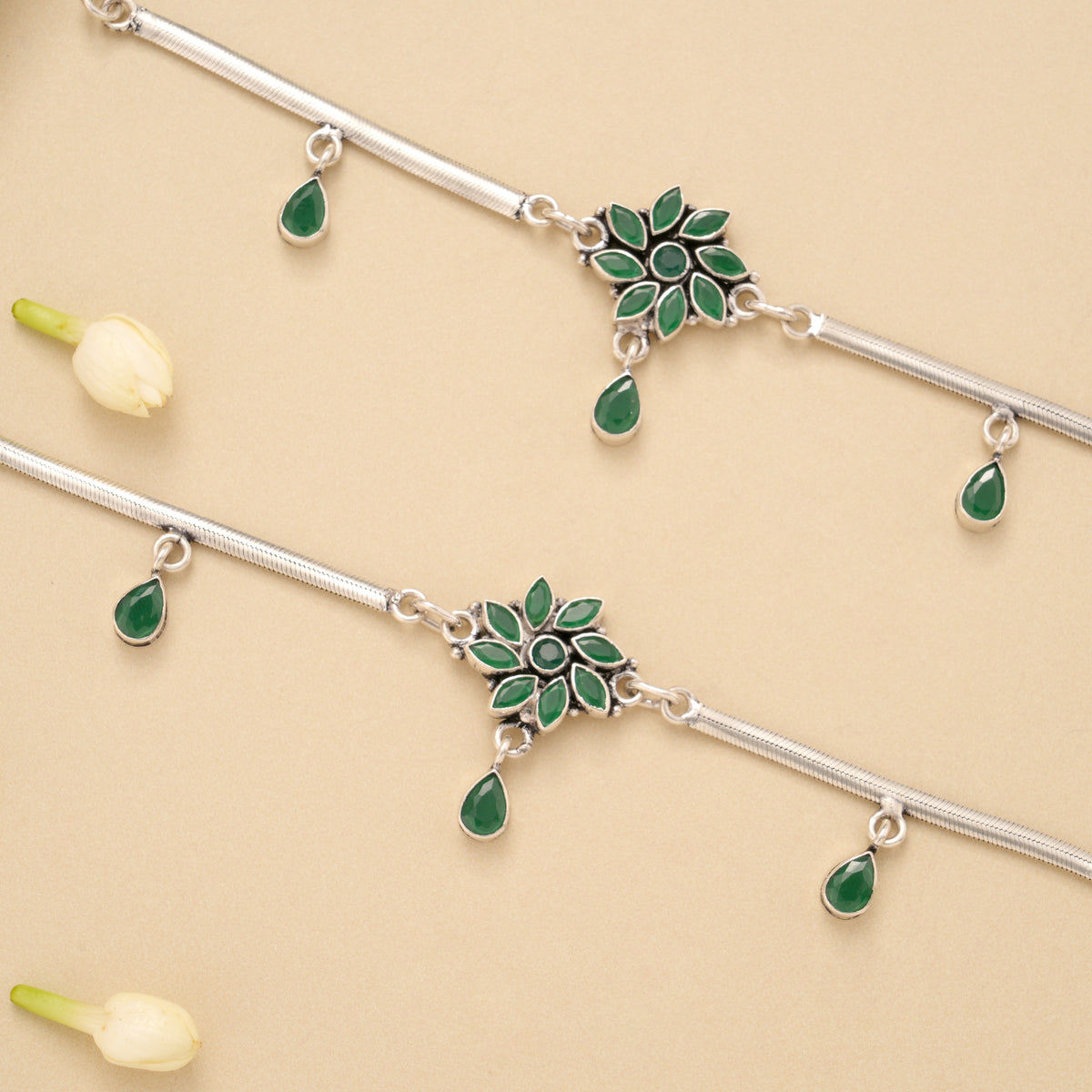 Floral Antique Emerald Silver Baby Anklet
