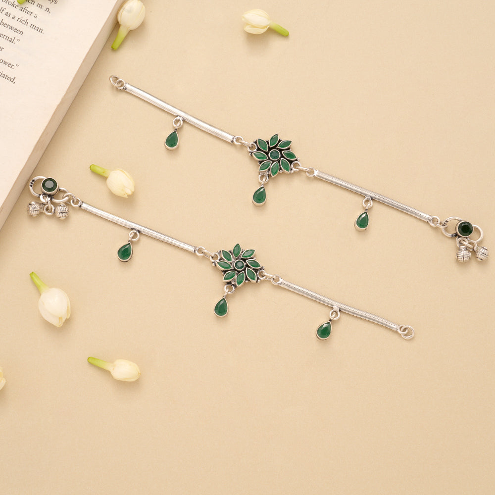 Floral Antique Emerald Silver Baby Anklet