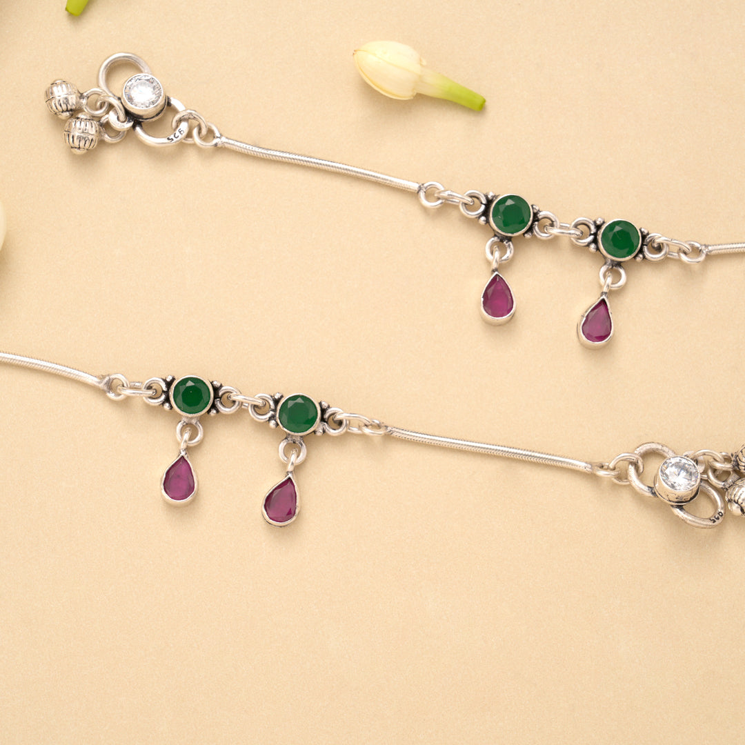 Dual Circle Emerald Ruby Drop Silver Baby Anklet