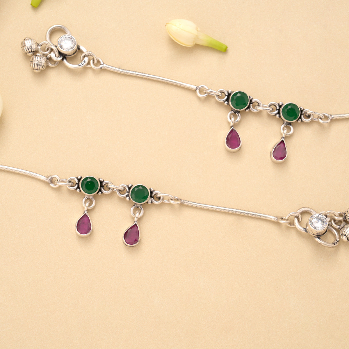 Dual Circle Emerald Ruby Drop Silver Baby Anklet