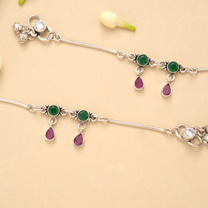 Dual Circle Emerald Ruby Drop Silver Baby Anklet