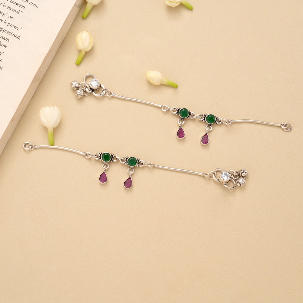 Dual Circle Emerald Ruby Drop Silver Baby Anklet
