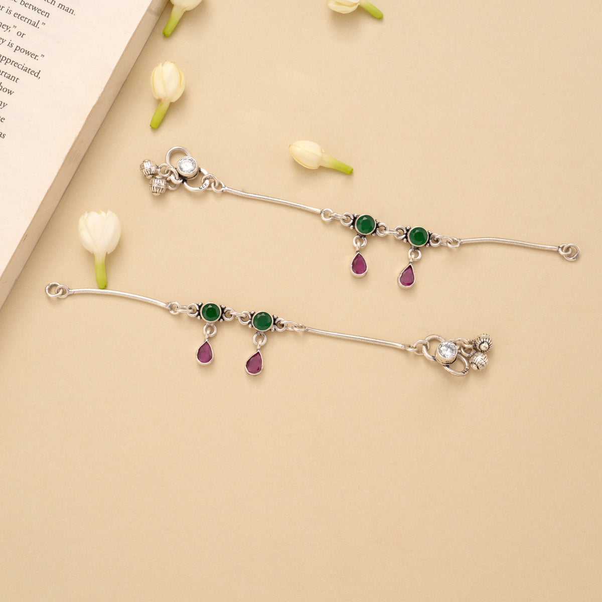 Dual Circle Emerald Ruby Drop Silver Baby Anklet