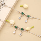 Twin Emerald Circle White Stone Drop Silver Anklet