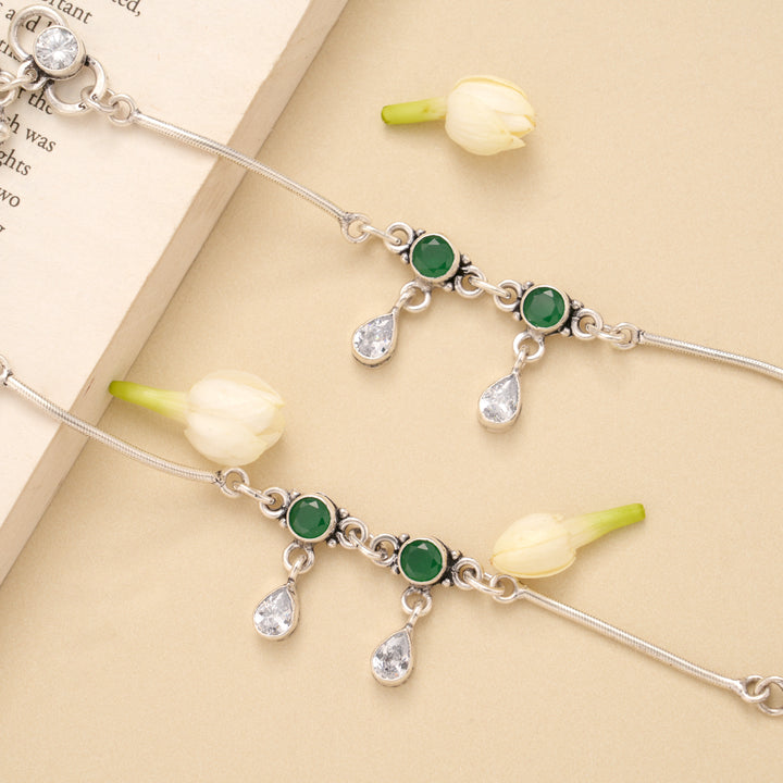 Twin Emerald Circle White Stone Drop Silver Anklet