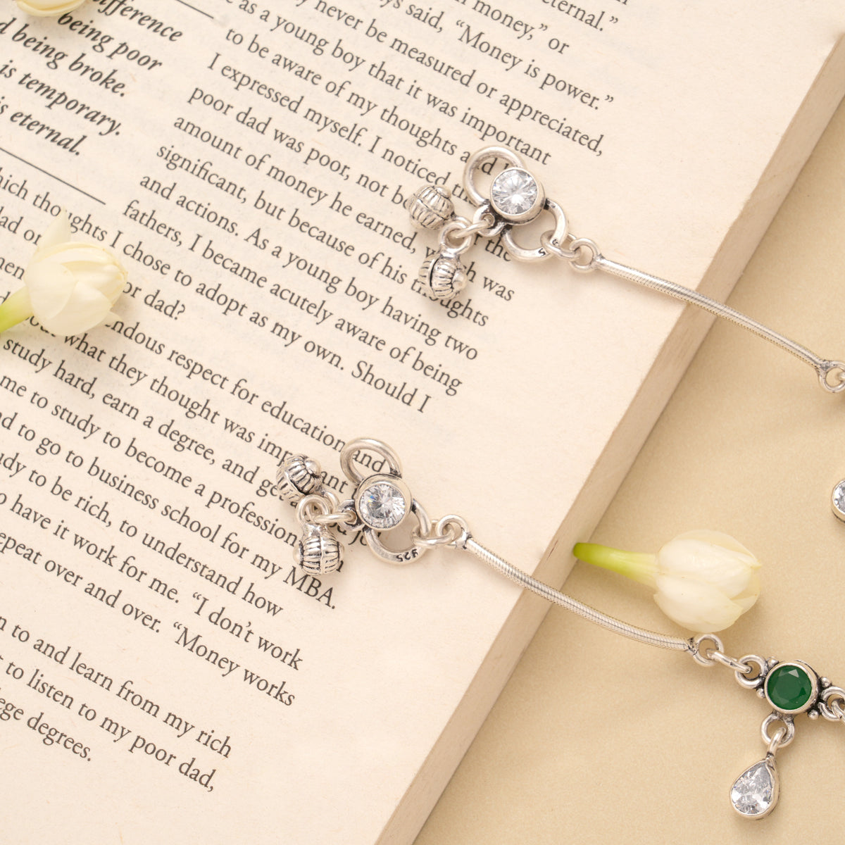 Twin Emerald Circle White Stone Drop Silver Anklet