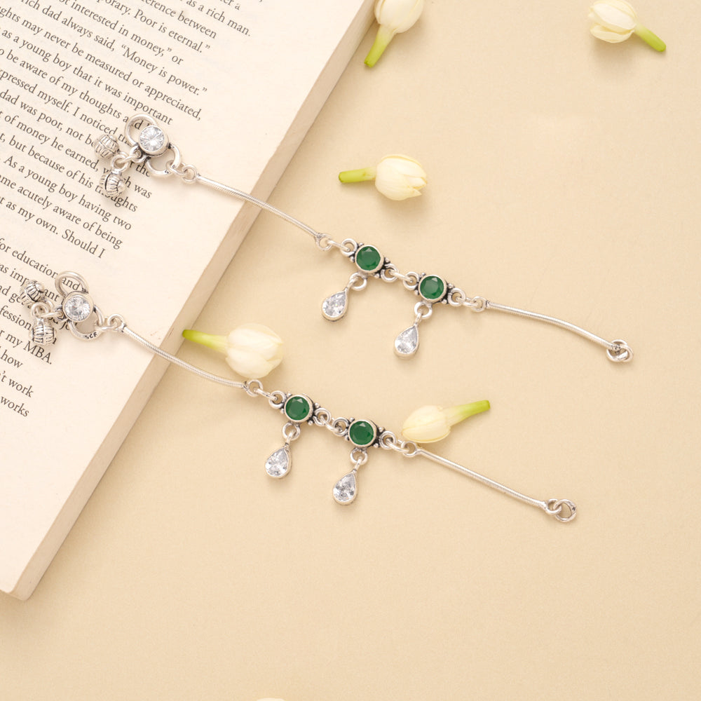 Twin Emerald Circle White Stone Drop Silver Anklet