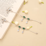 Twin Emerald Circle White Stone Drop Silver Anklet