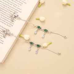 Twin Emerald Circle White Stone Drop Silver Anklet