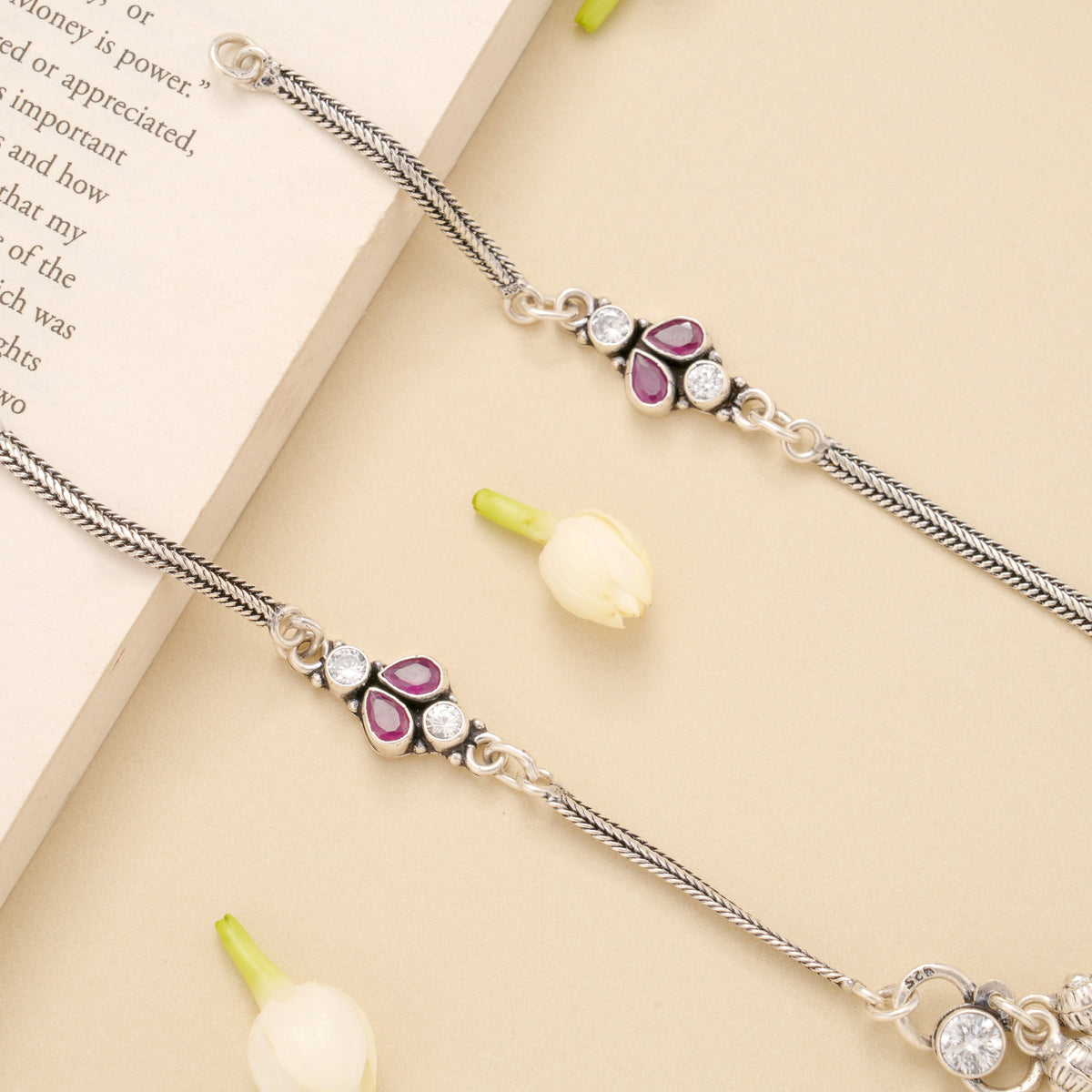 Ruby Leaf Design Silver Baby Anklet