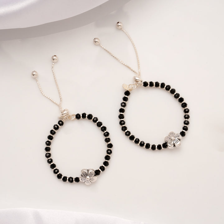 Sunflower Black Beads Silver Baby Anklets