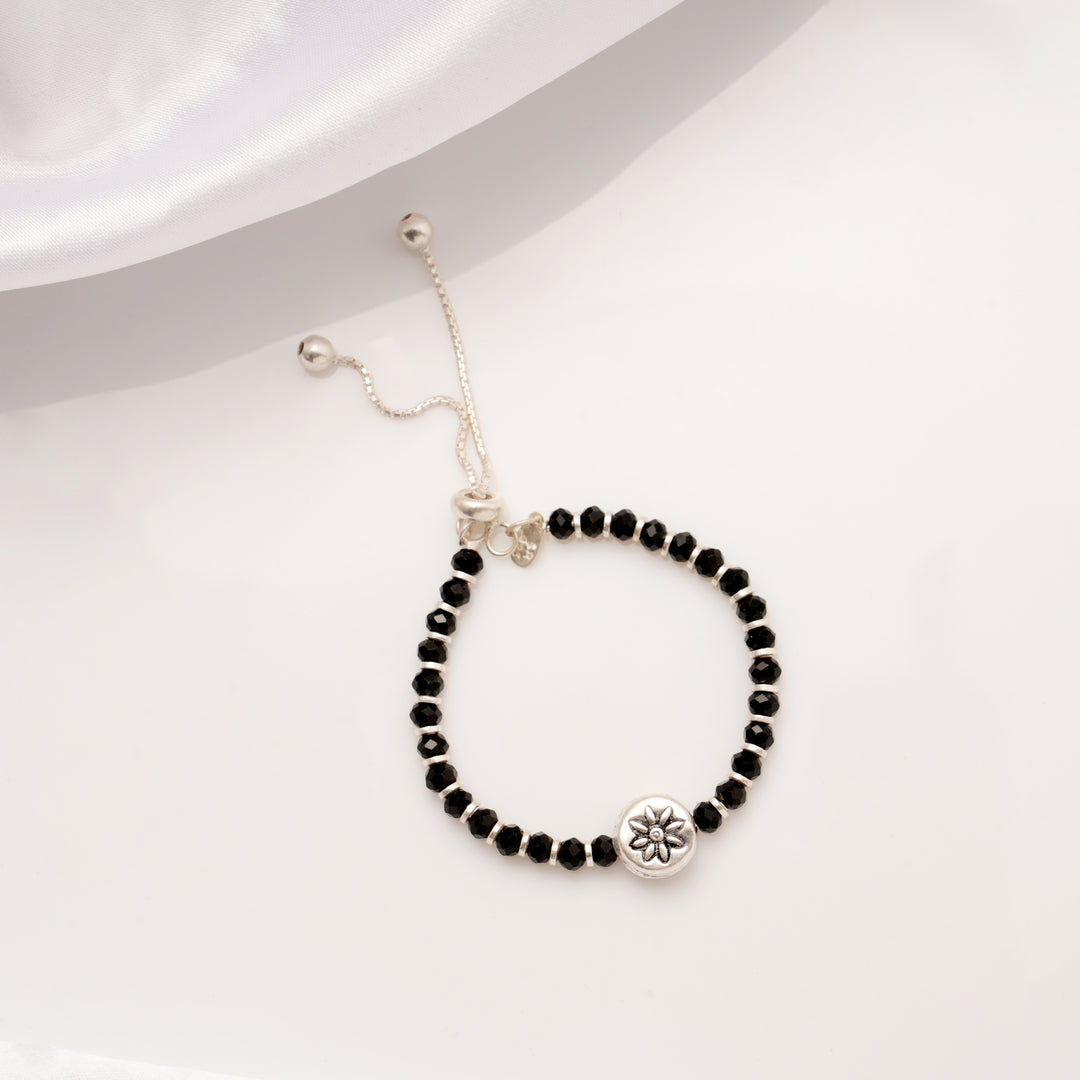 Classic Floral Black Beads Silver Baby Anklets