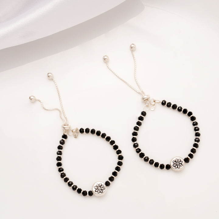 Classic Floral Black Beads Silver Baby Anklets