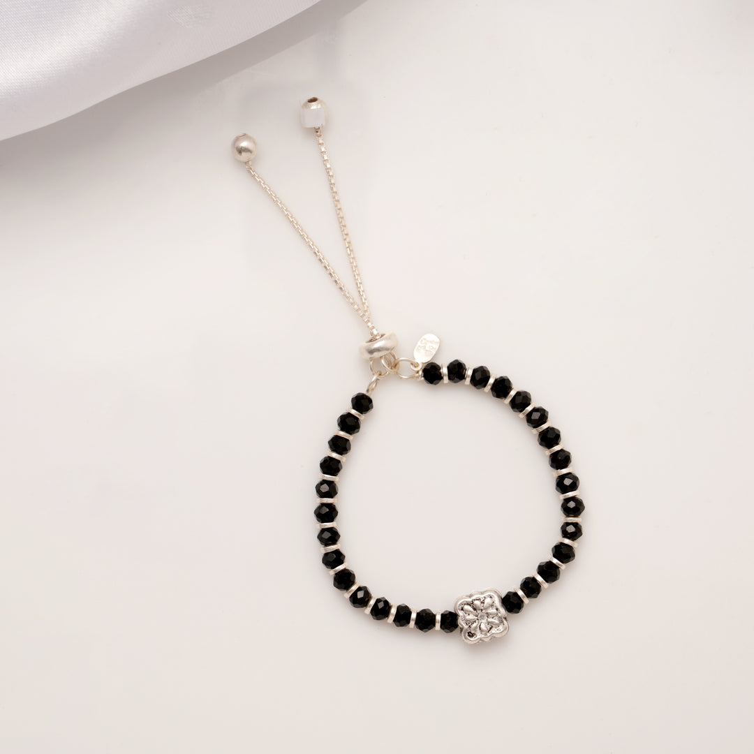Clover Flower Black Beads Silver Baby Anklets