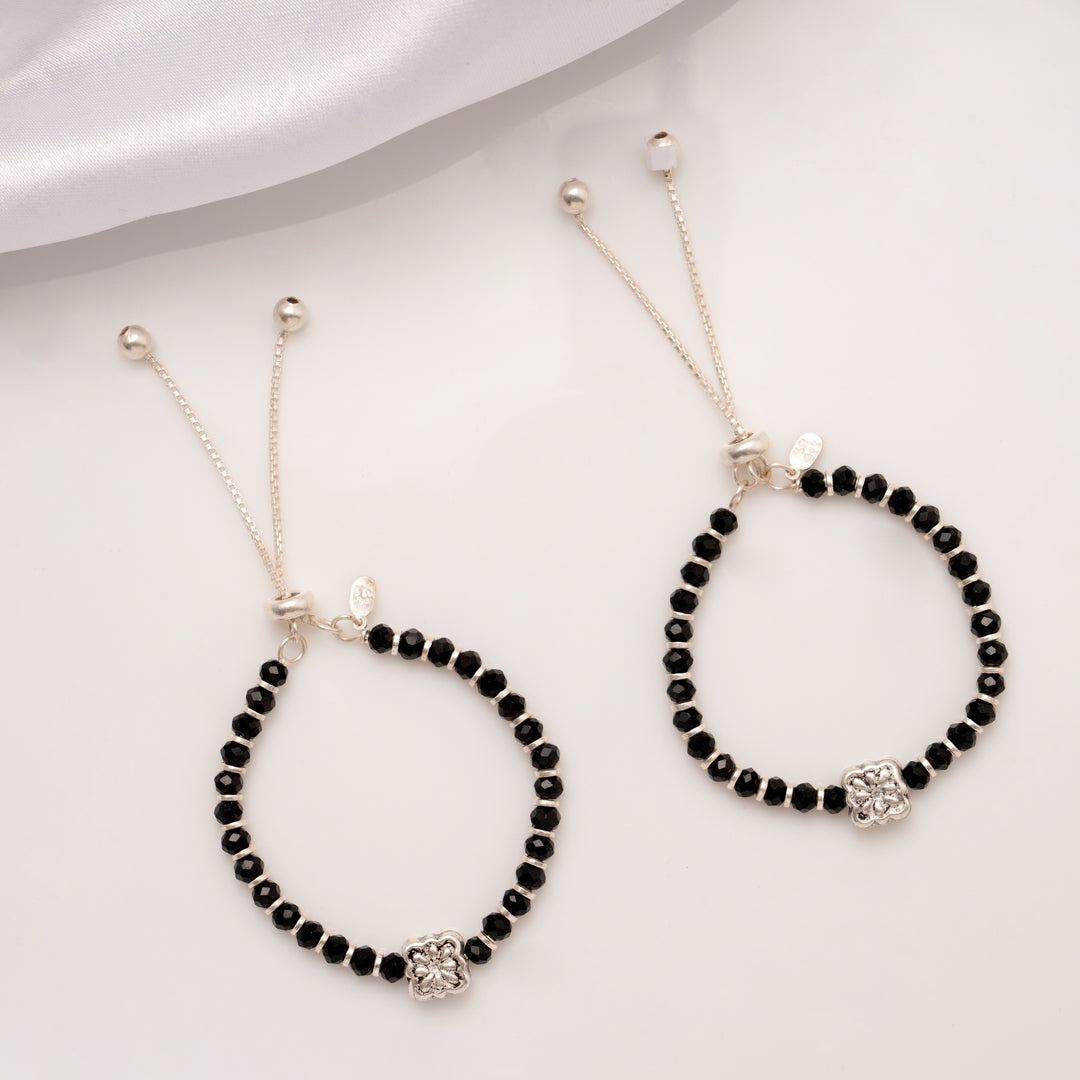 Clover Flower Black Beads Silver Baby Anklets
