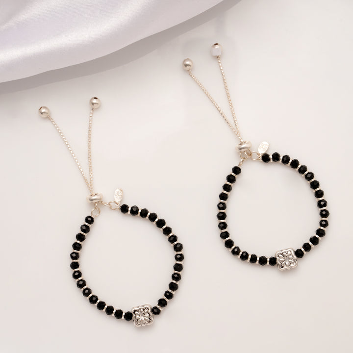 Clover Flower Black Beads Silver Baby Anklets