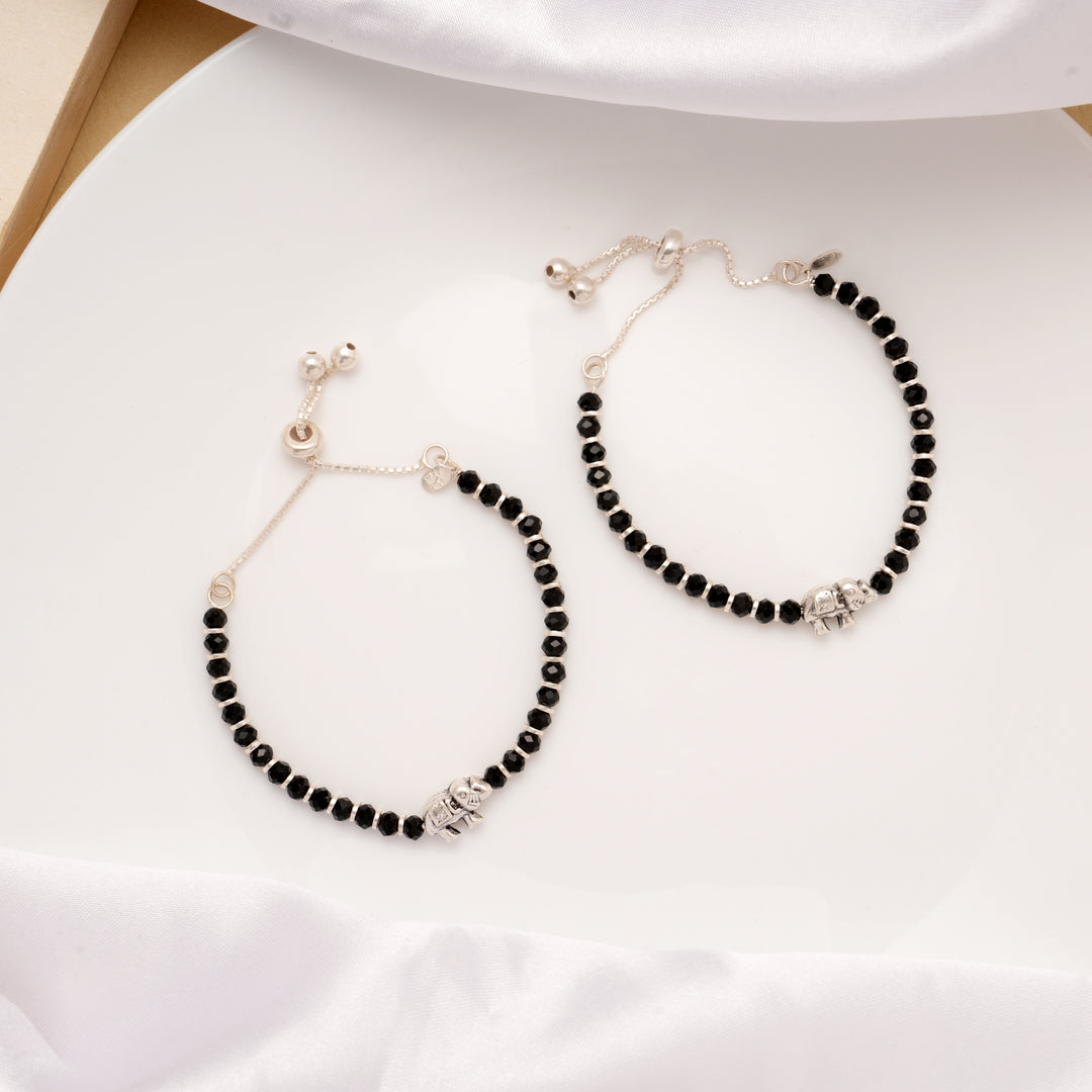 Tiny Elephant Black Beads Silver Baby Anklets