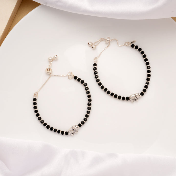 Tiny Elephant Black Beads Silver Baby Anklets