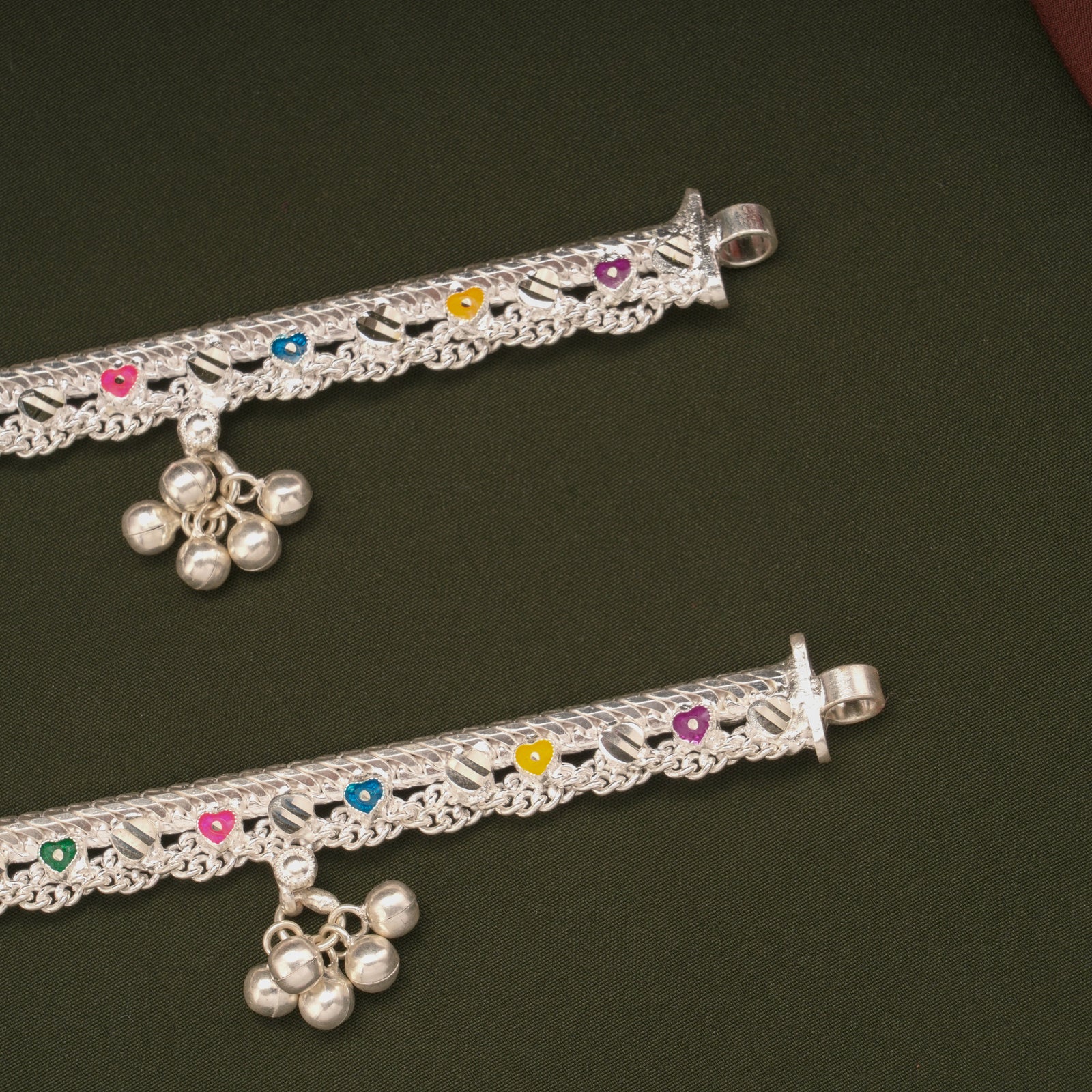 Multicolour Enamel Heart Design Silver Anklets