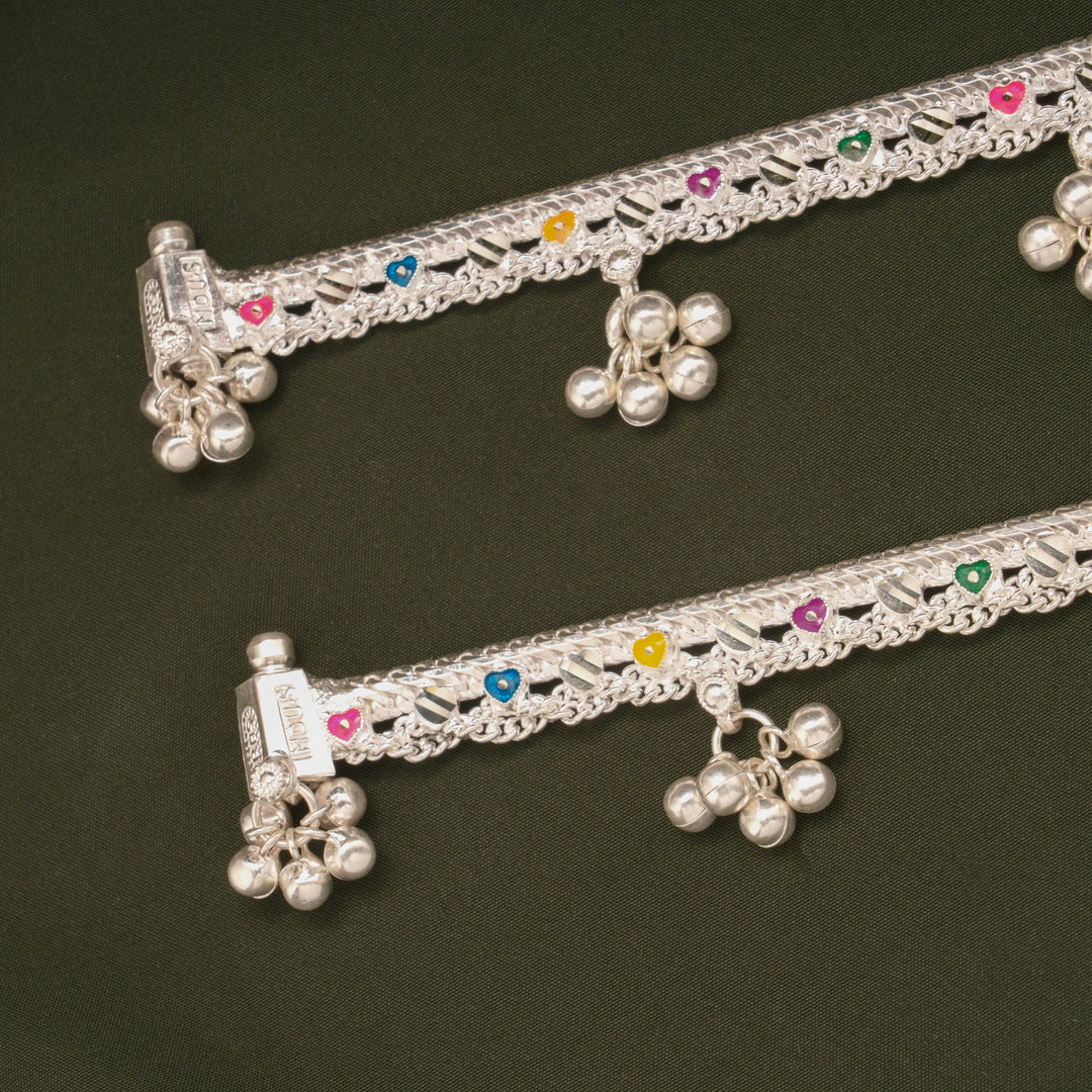 Multicolour Enamel Heart Design Silver Anklets