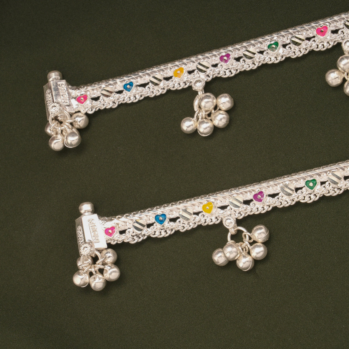 Multicolour Enamel Heart Design Silver Anklets