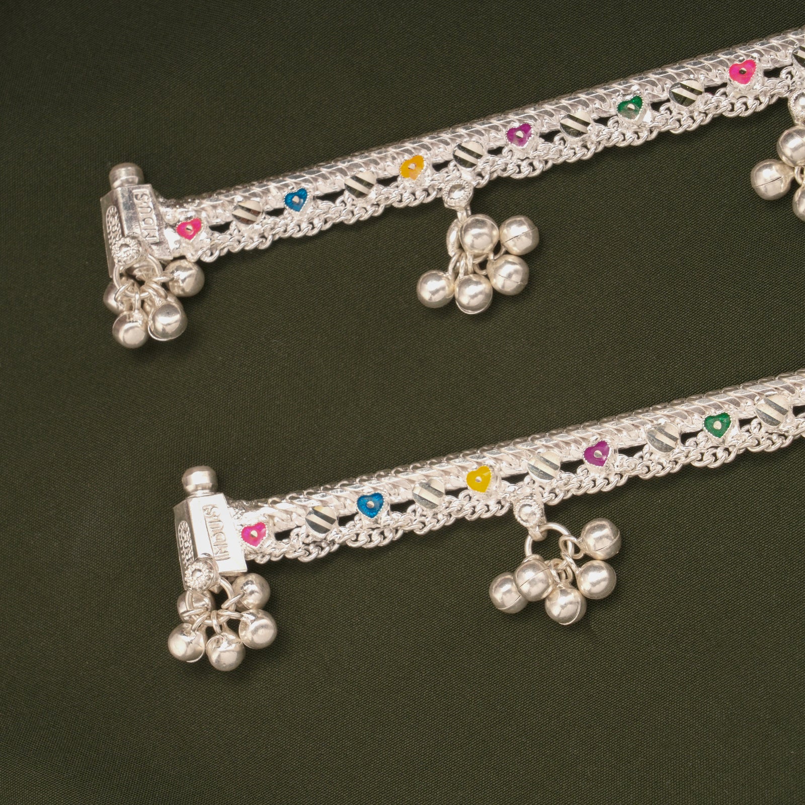 Multicolour Enamel Heart Design Silver Anklets
