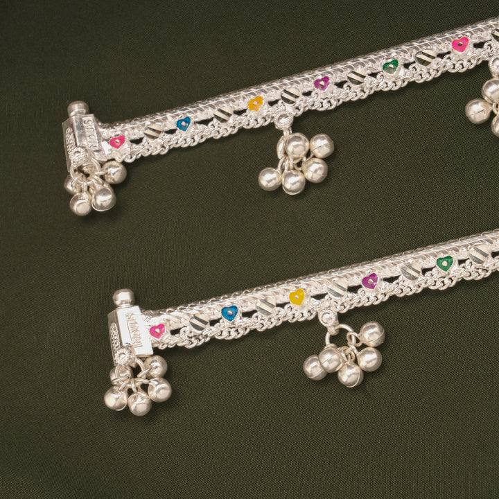 Multicolour Enamel Heart Design Silver Anklets
