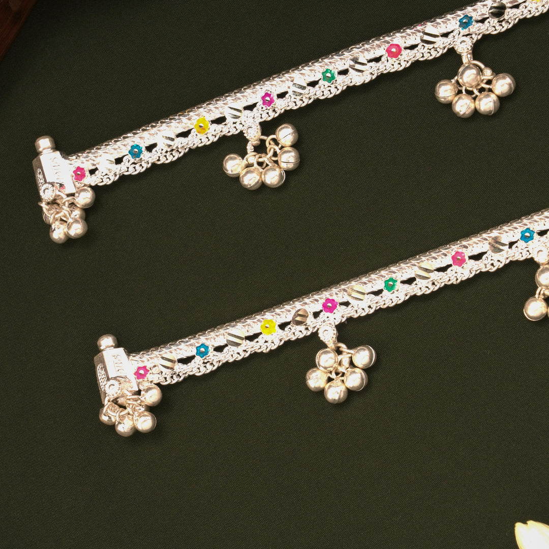Elegant Multicolour Enamel Floral Design Silver Anklets