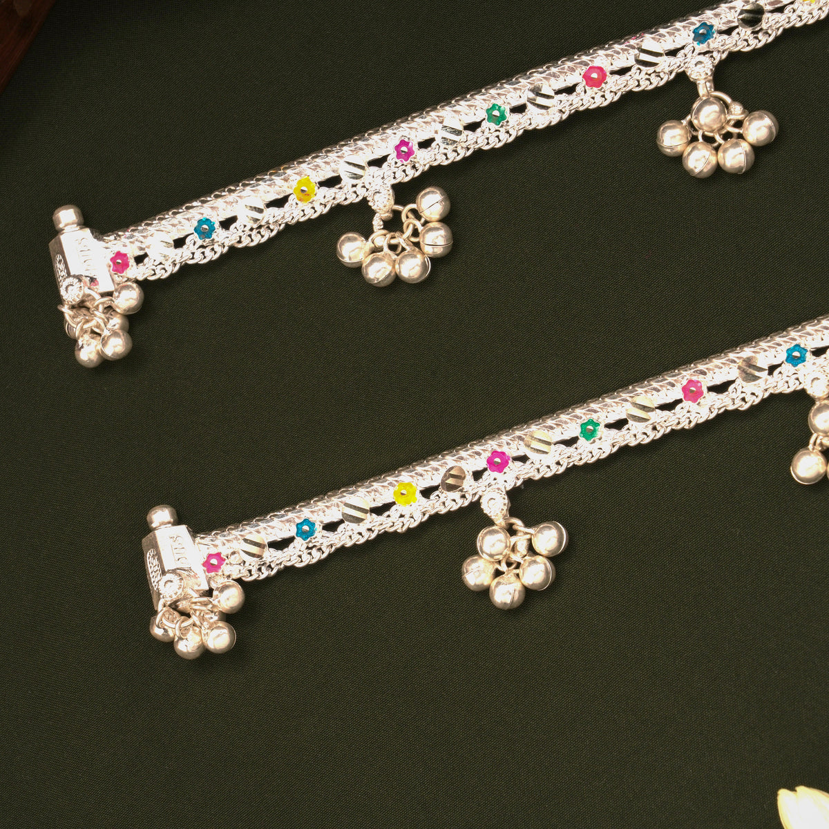 Elegant Multicolour Enamel Floral Design Silver Anklets