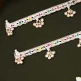 Elegant Multicolour Enamel Floral Design Silver Anklets