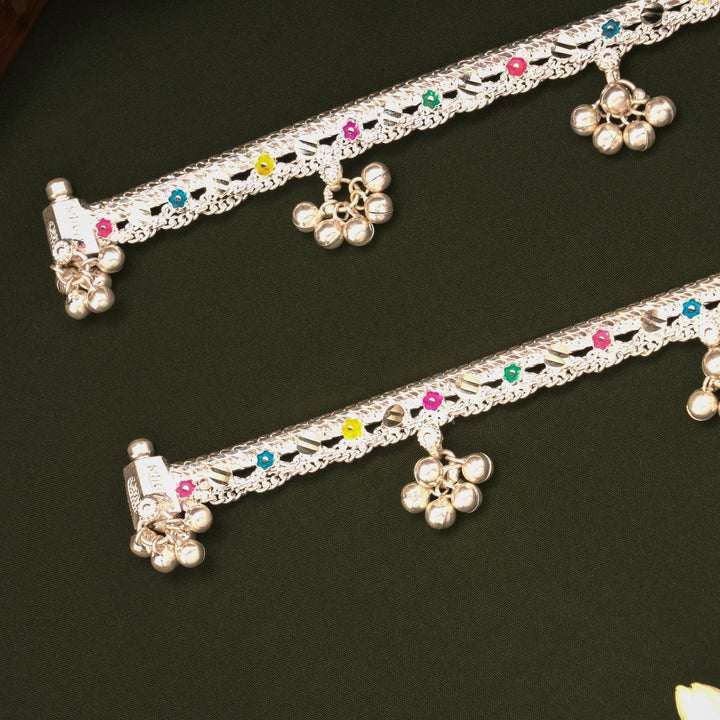 Elegant Multicolour Enamel Floral Design Silver Anklets