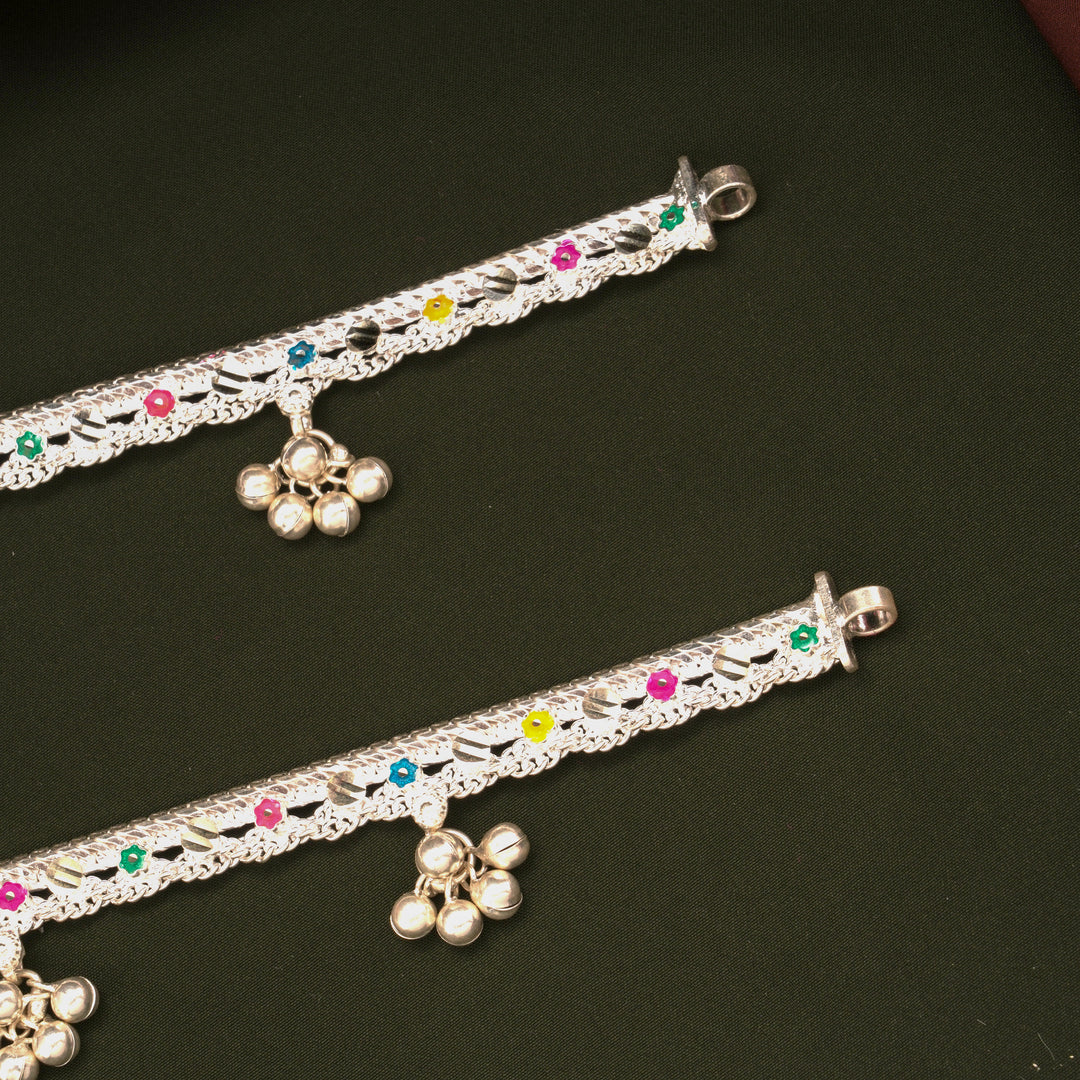 Elegant Multicolour Enamel Floral Design Silver Anklets