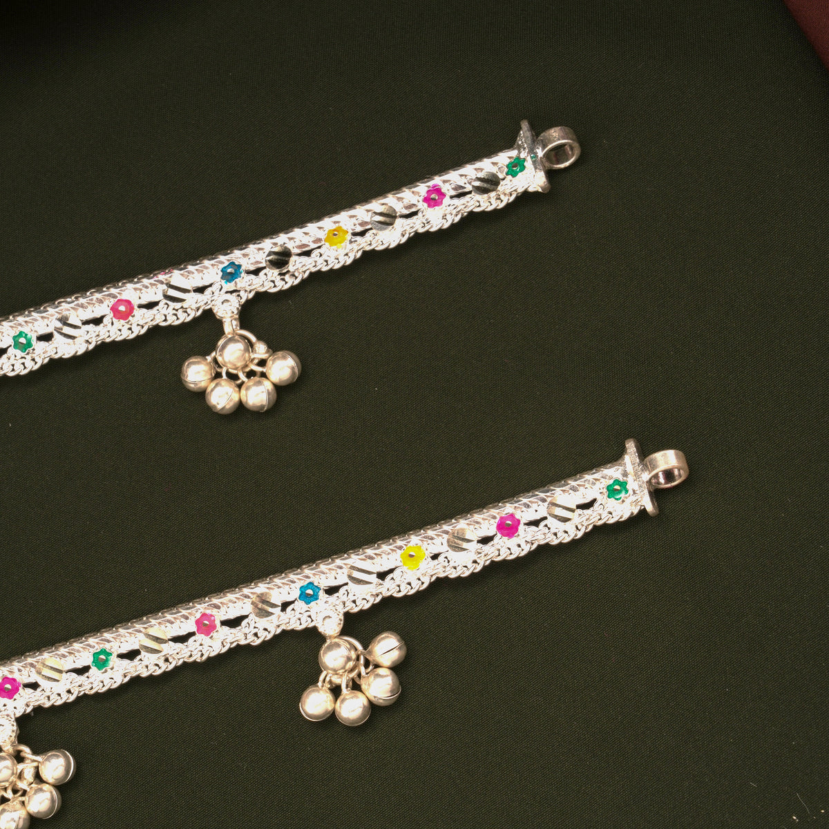 Elegant Multicolour Enamel Floral Design Silver Anklets