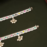 Elegant Multicolour Enamel Floral Design Silver Anklets
