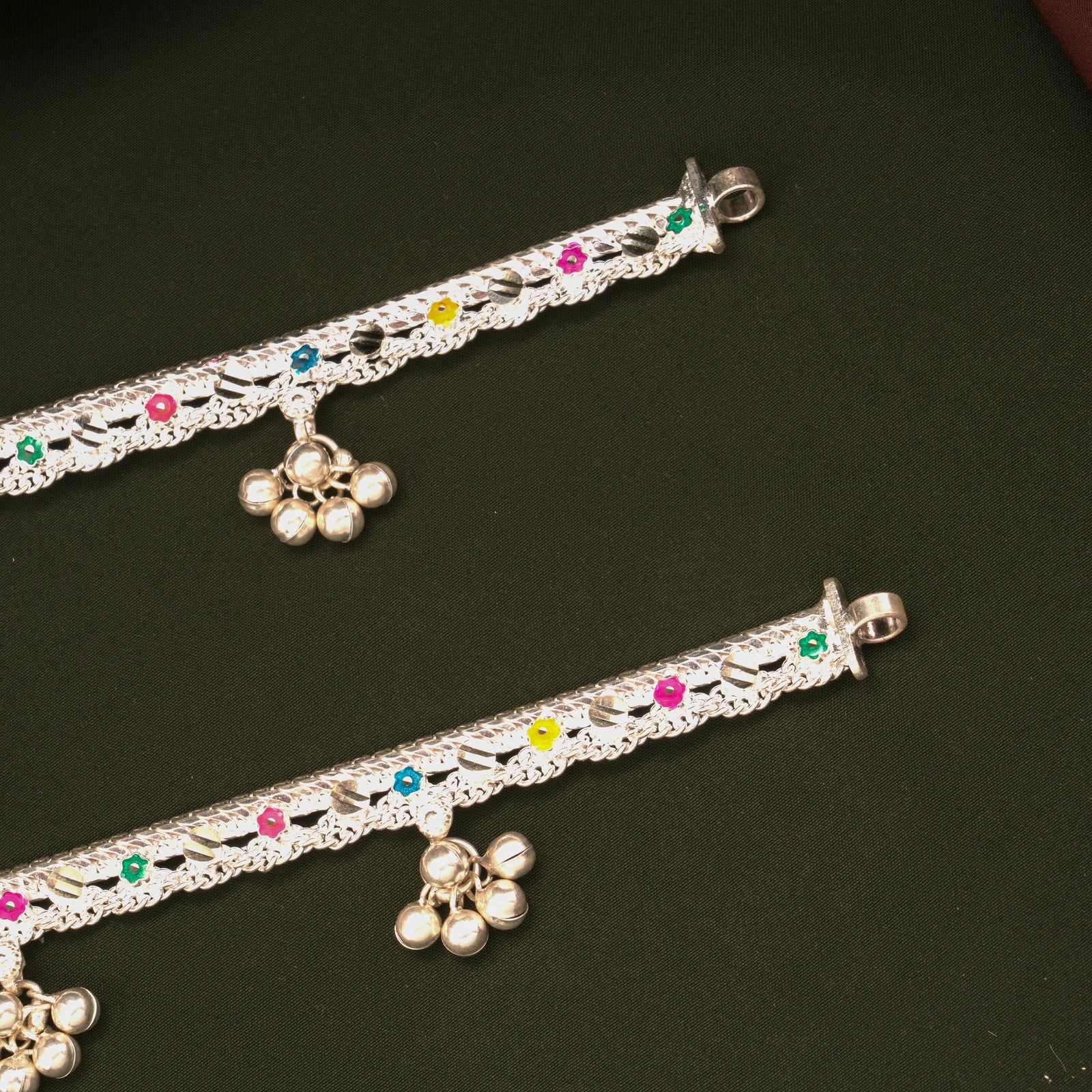 Elegant Multicolour Enamel Floral Design Silver Anklets