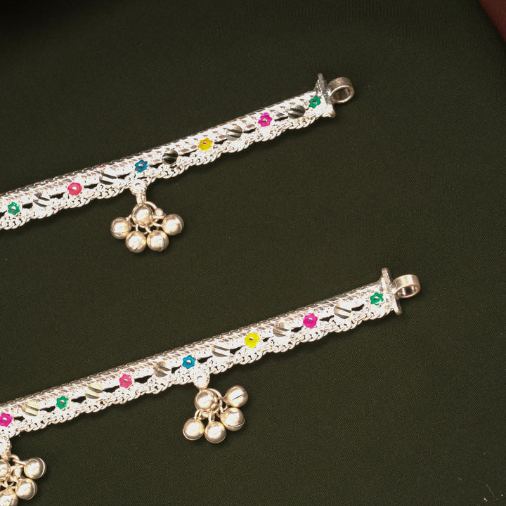 Elegant Multicolour Enamel Floral Design Silver Anklets