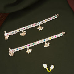 Elegant Multicolour Enamel Floral Design Silver Anklets