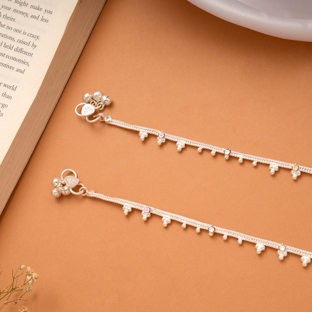 Braided Design Pink Enamel Silver Anklets