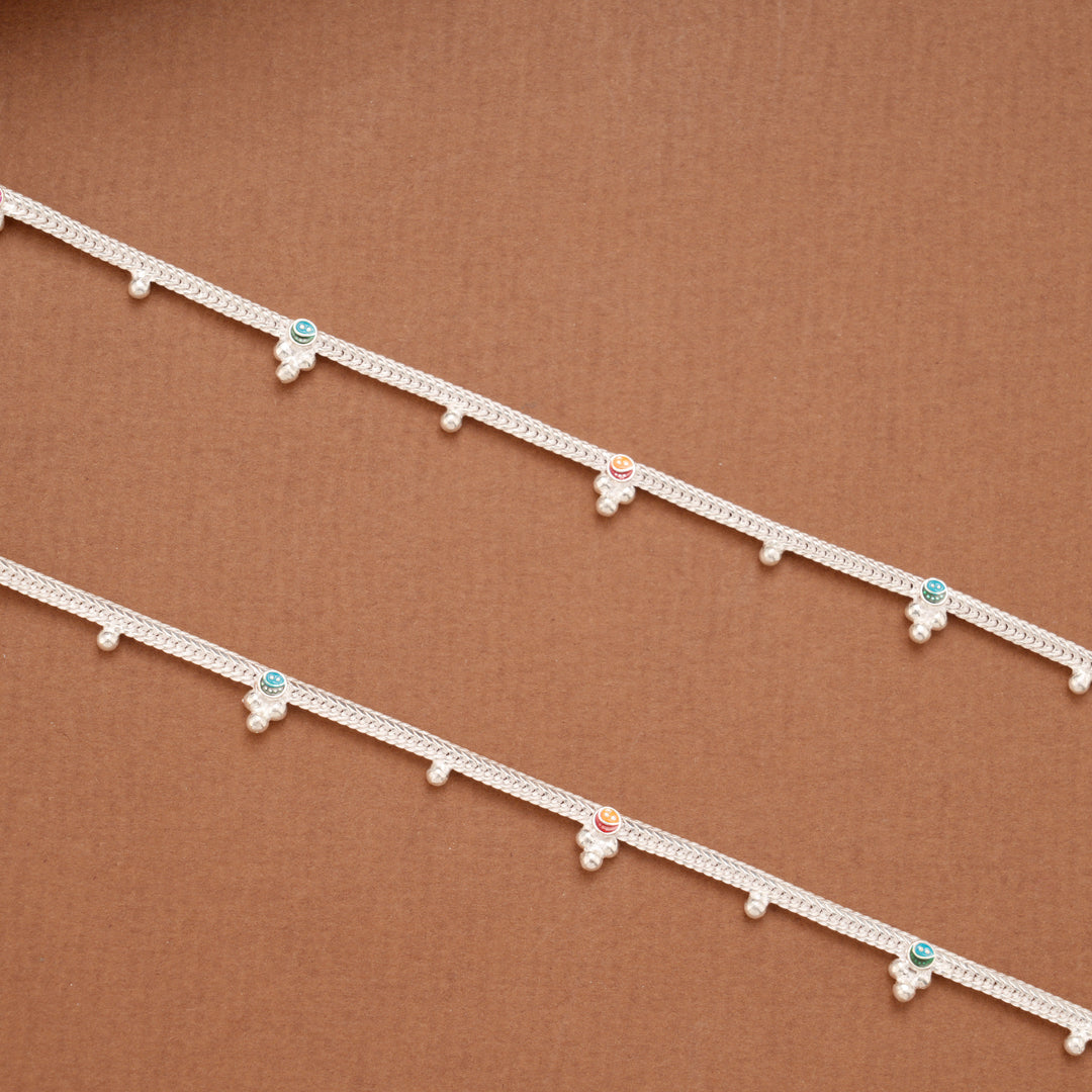 Classic Linear Braided Emoji Design Silver Anklets