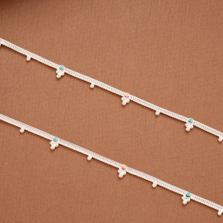 Classic Linear Braided Emoji Design Silver Anklets