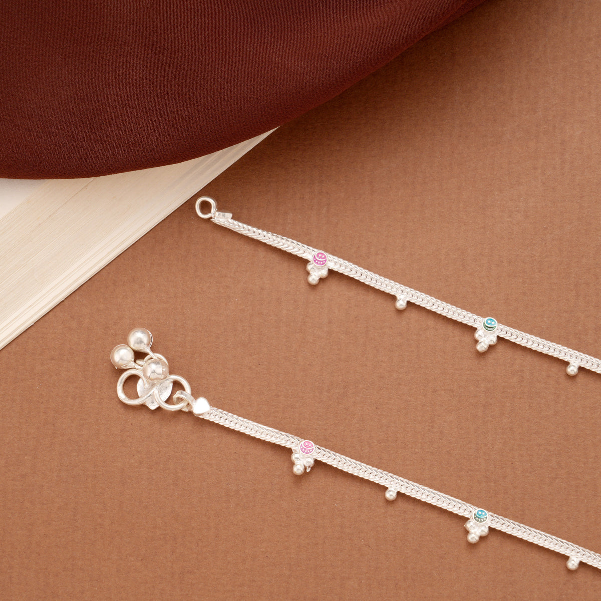 Classic Linear Braided Emoji Design Silver Anklets