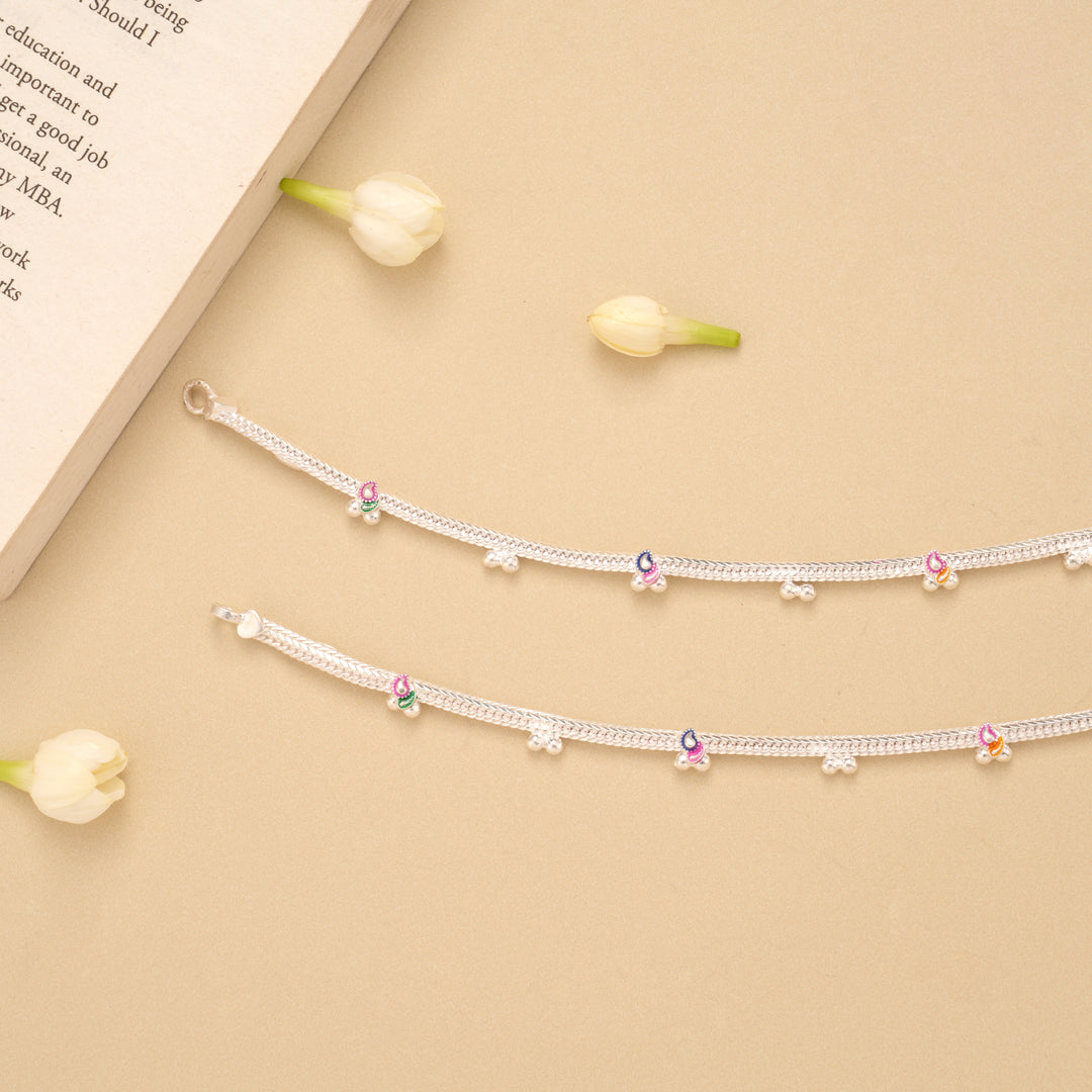 Silver Braided Enamel Beaded Anklet