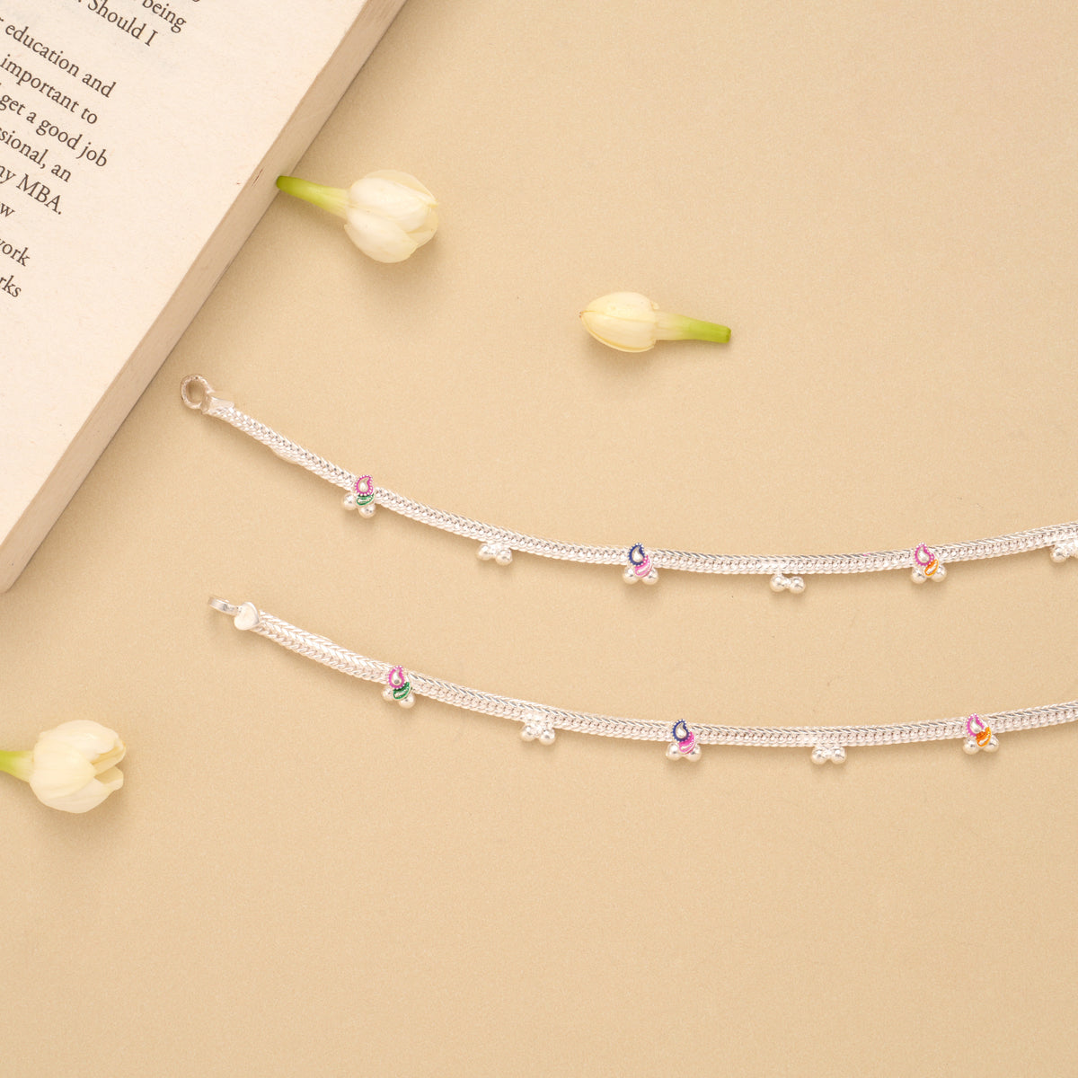 Silver Braided Enamel Beaded Anklet