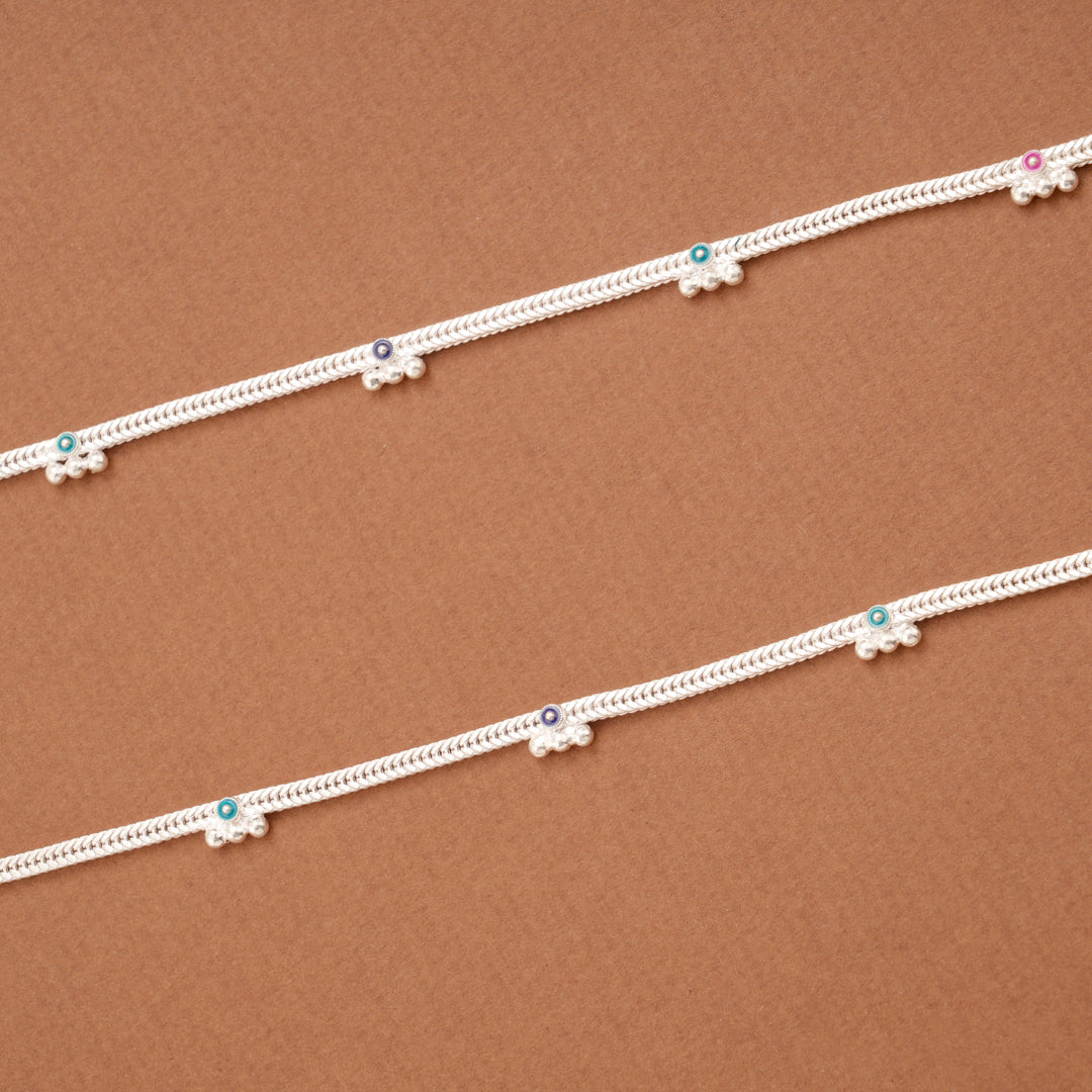 Regal Linear Braided Circle Enamel Silver Anklets