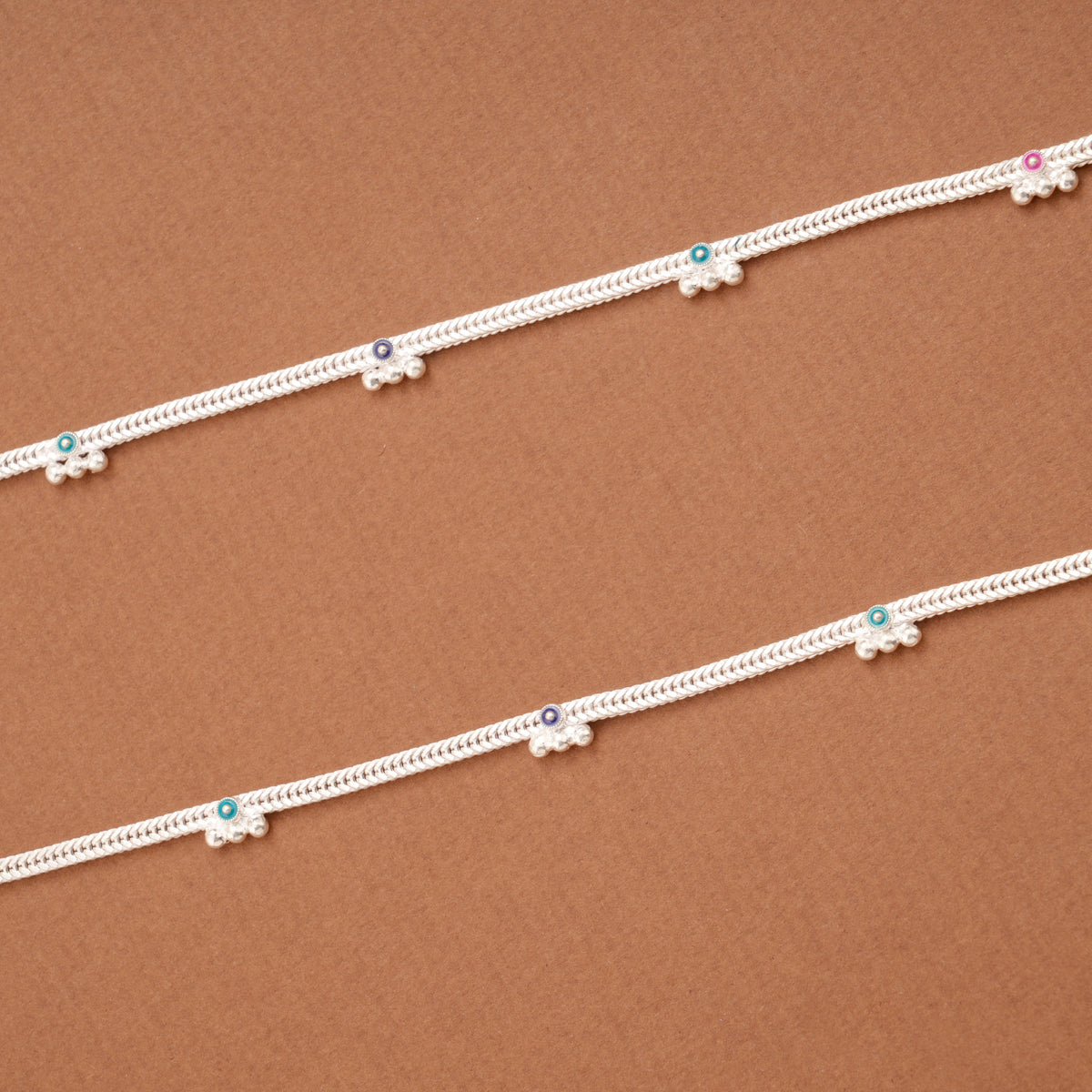 Regal Linear Braided Circle Enamel Silver Anklets
