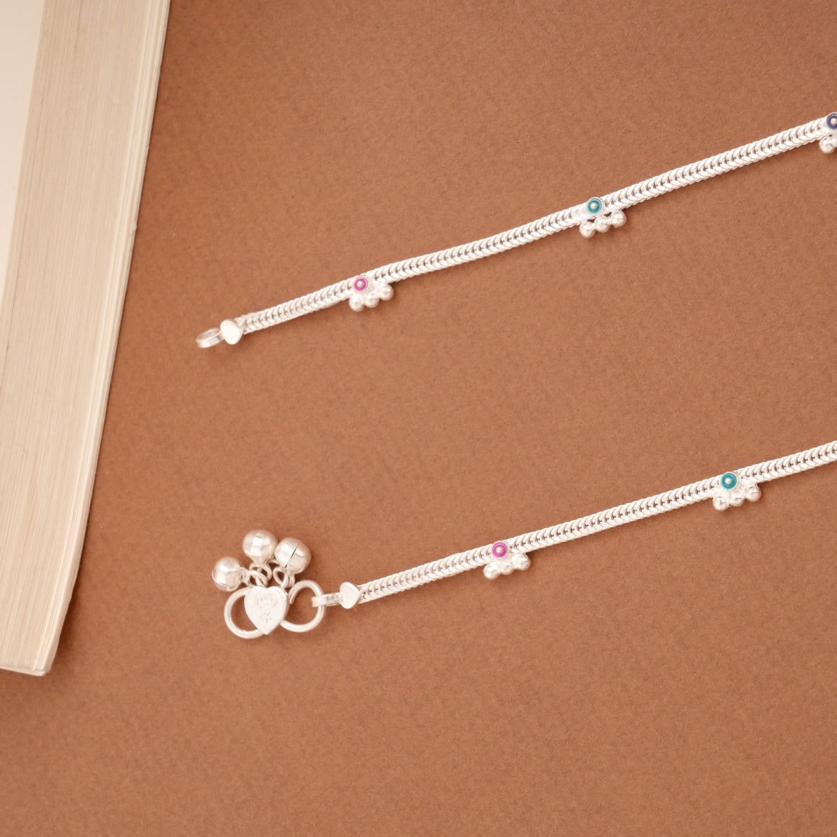 Regal Linear Braided Circle Enamel Silver Anklets